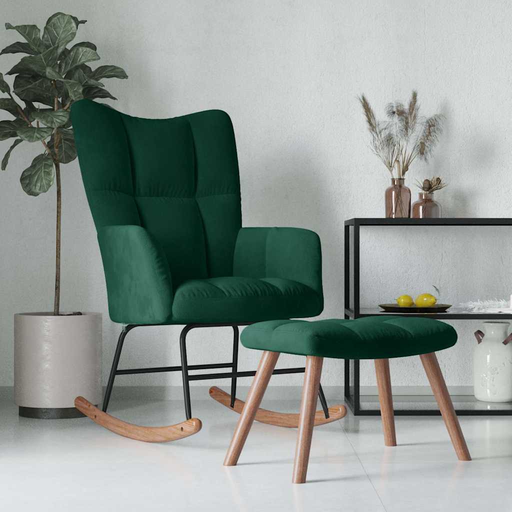 Rocking Chair with a Stool Dark Green Velvet