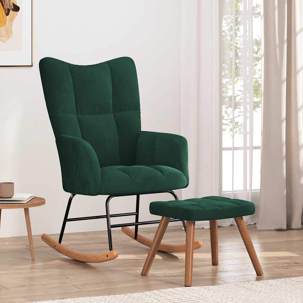 Rocking Chair with a Stool Dark Green Velvet