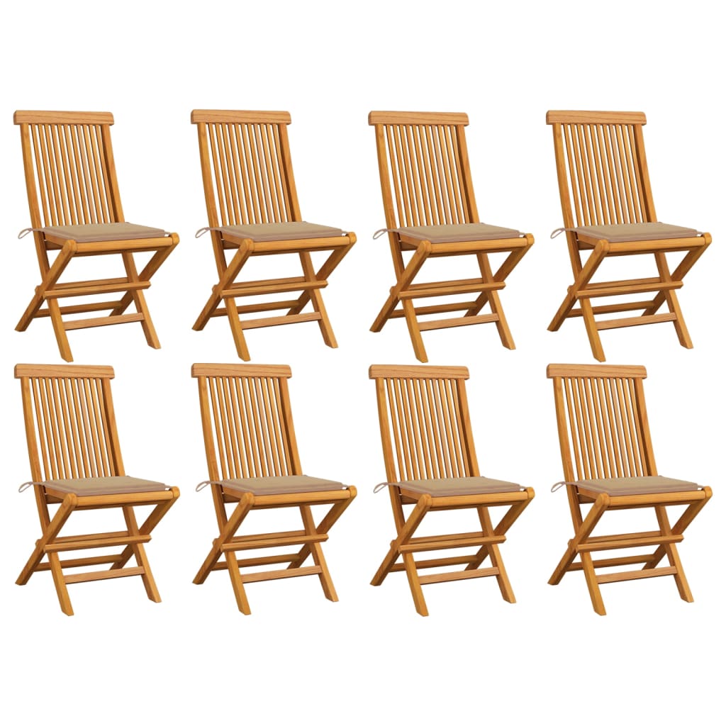 Garden Chairs with Beige Cushions 8 pcs Solid Teak Wood