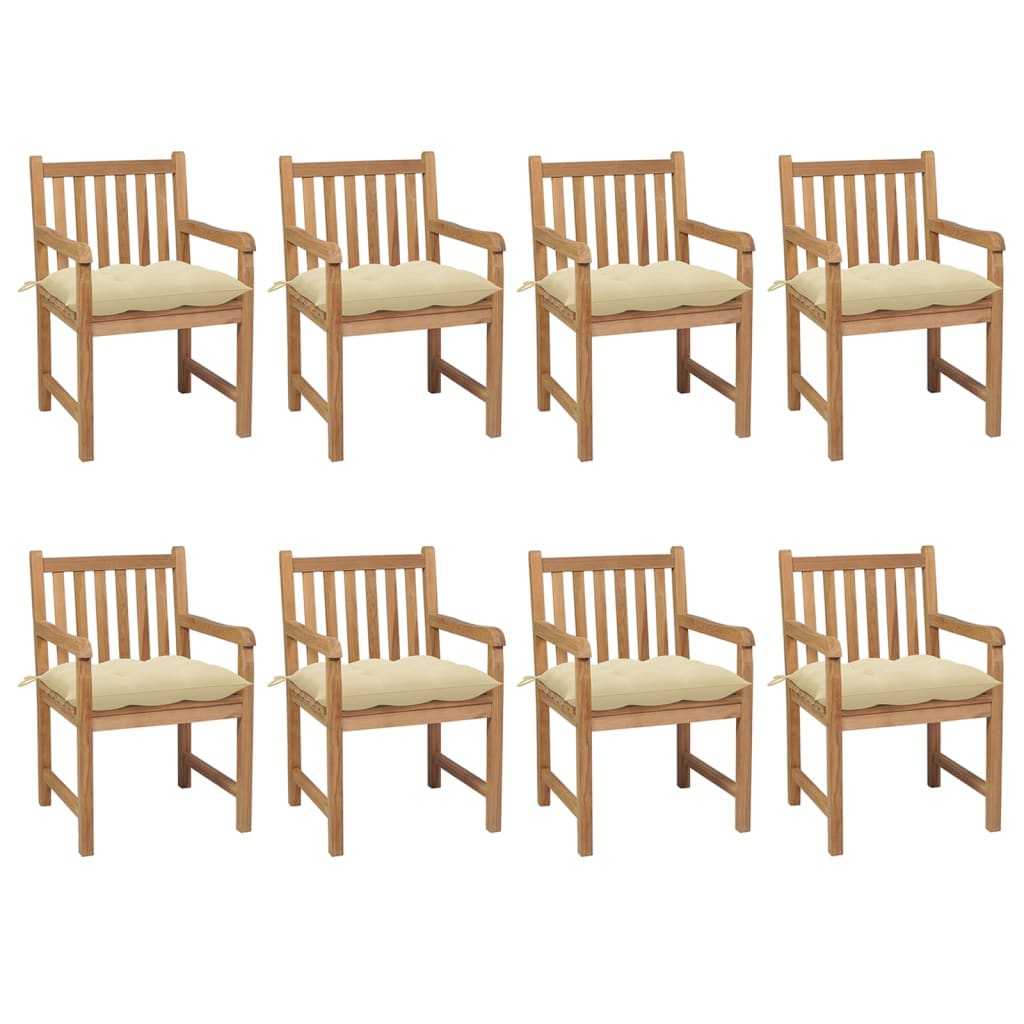 Garden Chairs 8 pcs with Cream White Cushions Solid Teak Wood