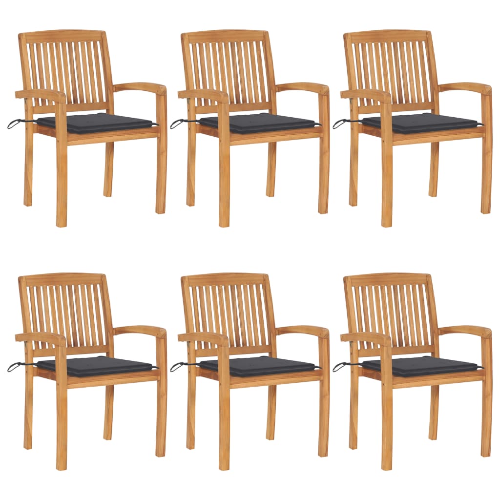 Stacking Garden Chairs with Cushions 6 pcs Solid Teak Wood