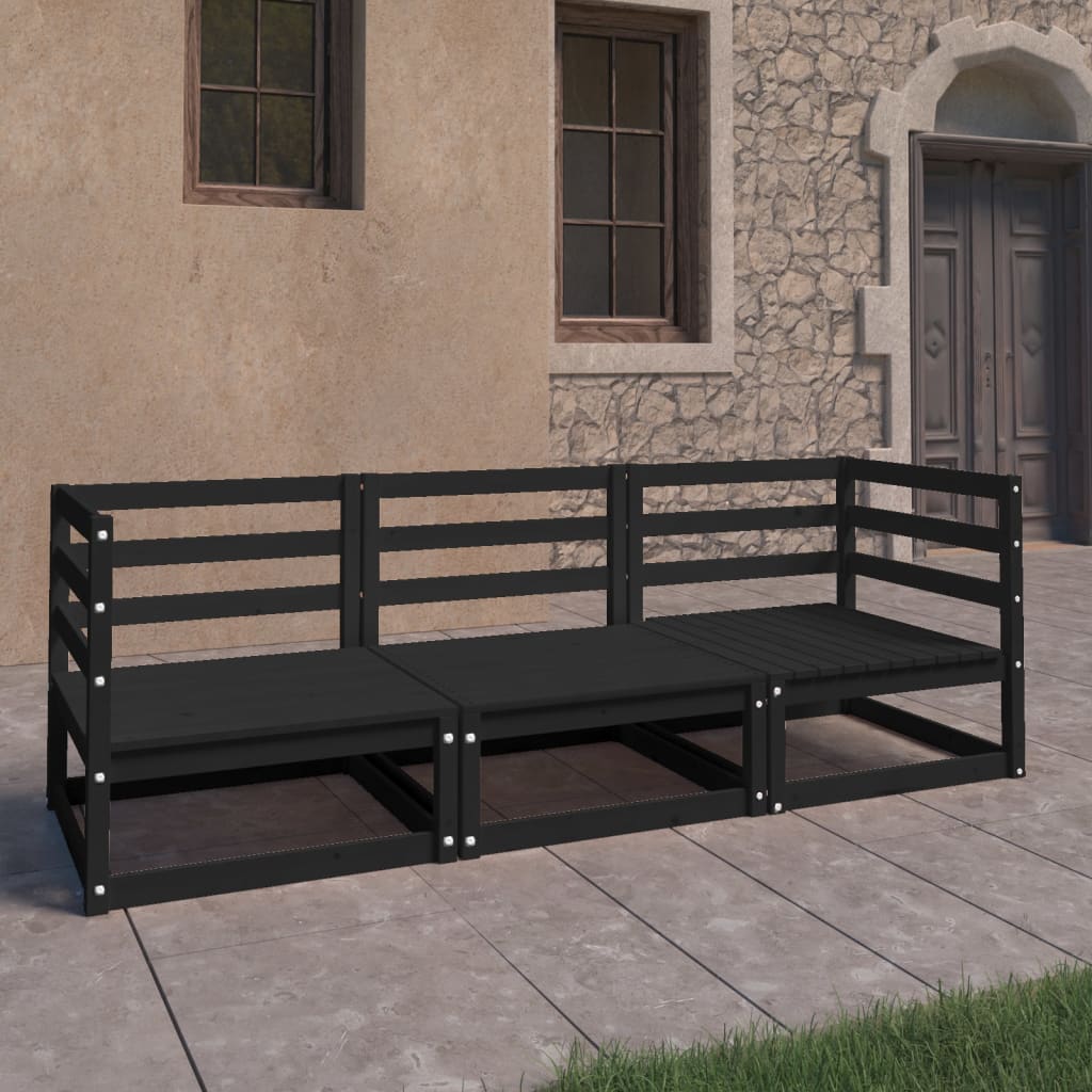 Garden 3-Seater Sofa Black Solid Pinewood