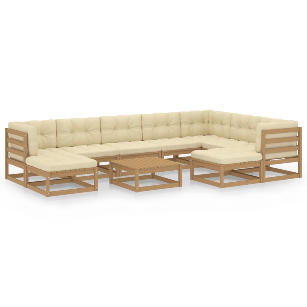 10 Piece Garden Lounge Set&amp;Cushions Honey Brown Solid Pinewood