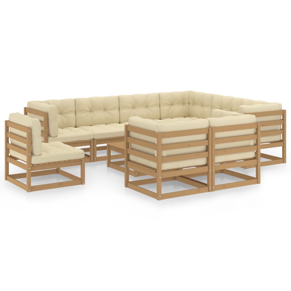 10 Piece Garden Lounge Set&amp;Cushions Honey Brown Solid Pinewood