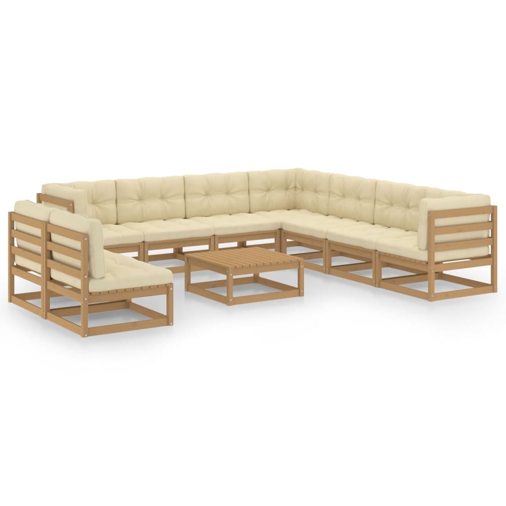 10 Piece Garden Lounge Set&amp;Cushions Honey Brown Solid Pinewood