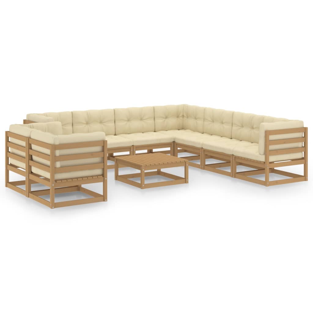 10 Piece Garden Lounge Set&amp;Cushions Honey Brown Solid Pinewood