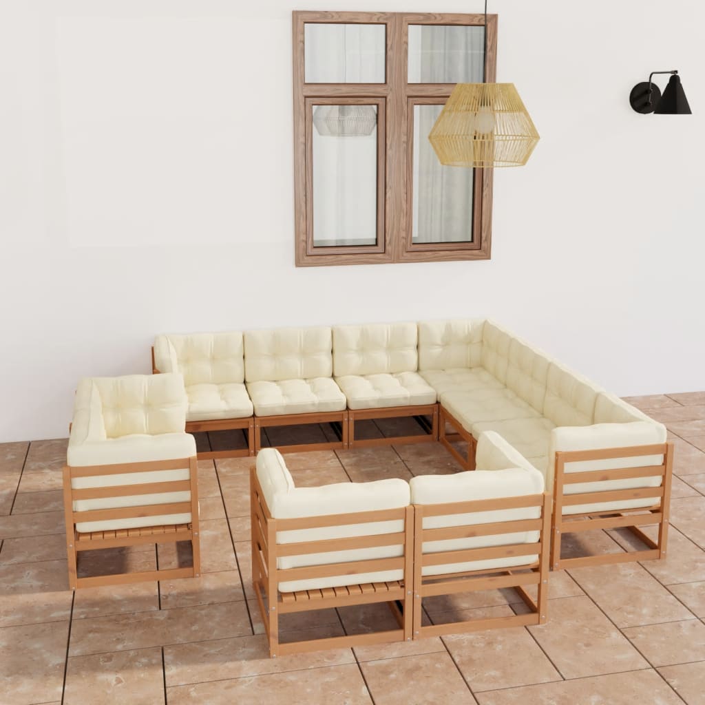 11 Piece Garden Lounge Set&amp;Cushions Honey Brown Solid Pinewood