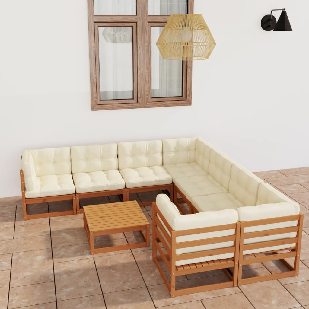 9 Piece Garden Lounge Set &amp; Cushions Honey Brown Solid Pinewood