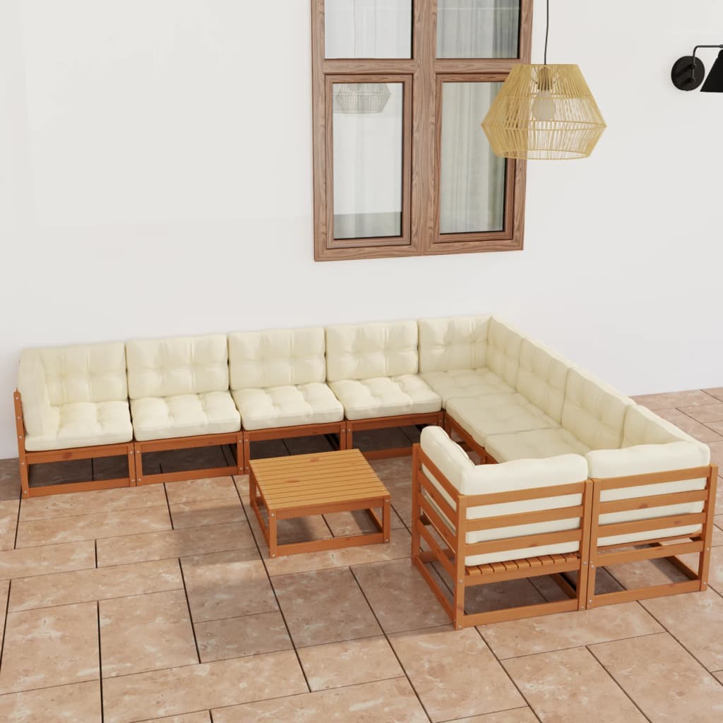 10 Piece Garden Lounge Set&amp;Cushions Honey Brown Solid Pinewood