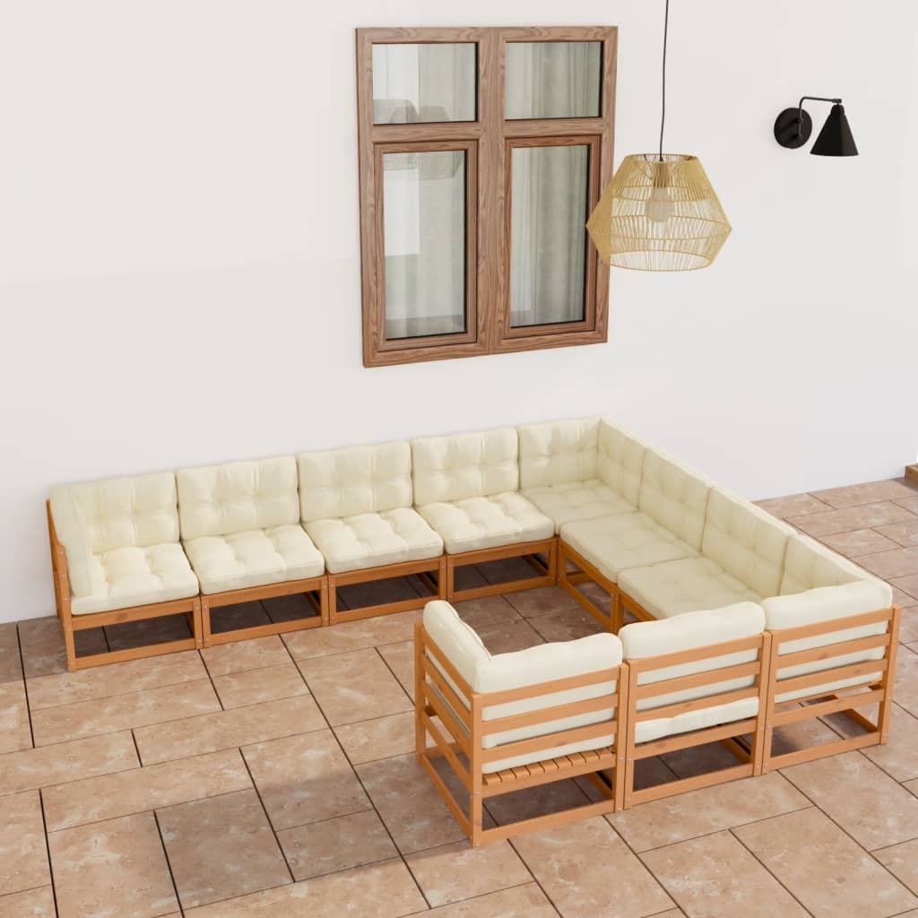 10 Piece Garden Lounge Set&amp;Cushions Honey Brown Solid Pinewood