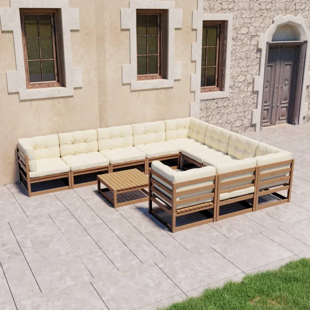 11 Piece Garden Lounge Set&amp;Cushions Honey Brown Solid Pinewood