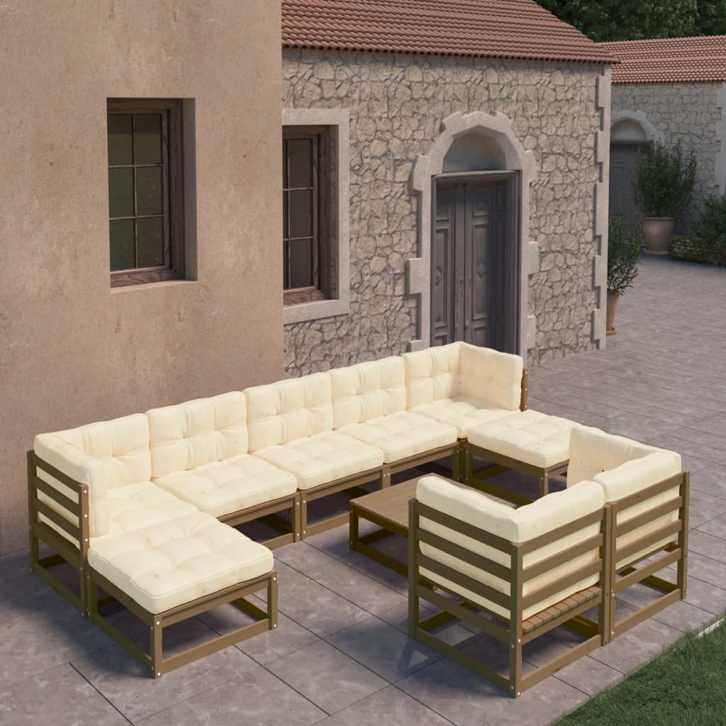 10 Piece Garden Lounge Set&amp;Cushions Honey Brown Solid Pinewood