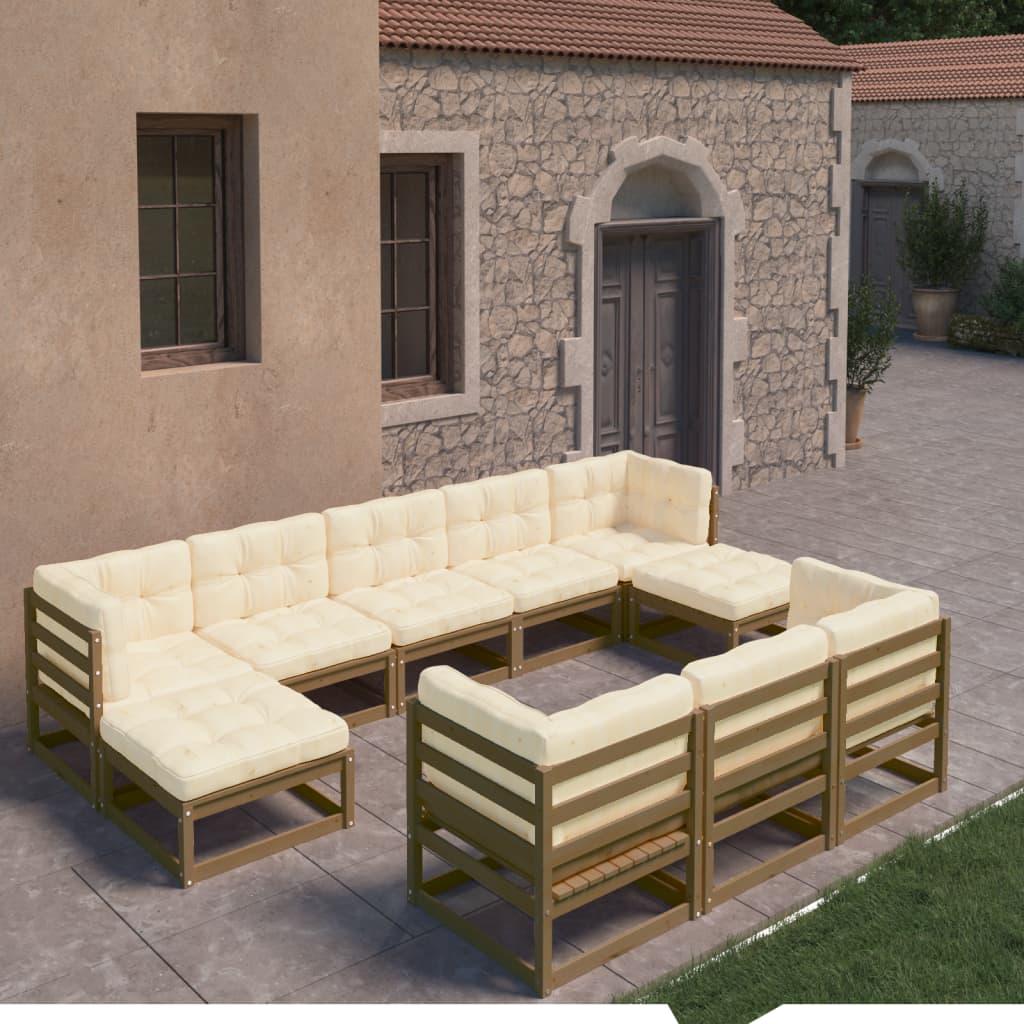 10 Piece Garden Lounge Set&amp;Cushions Honey Brown Solid Pinewood