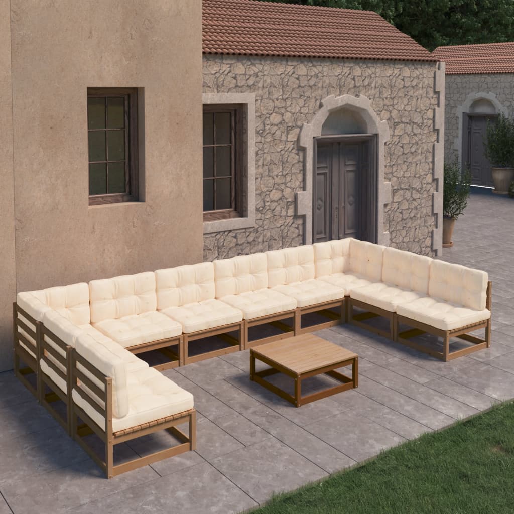 11 Piece Garden Lounge Set&amp;Cushions Honey Brown Solid Pinewood