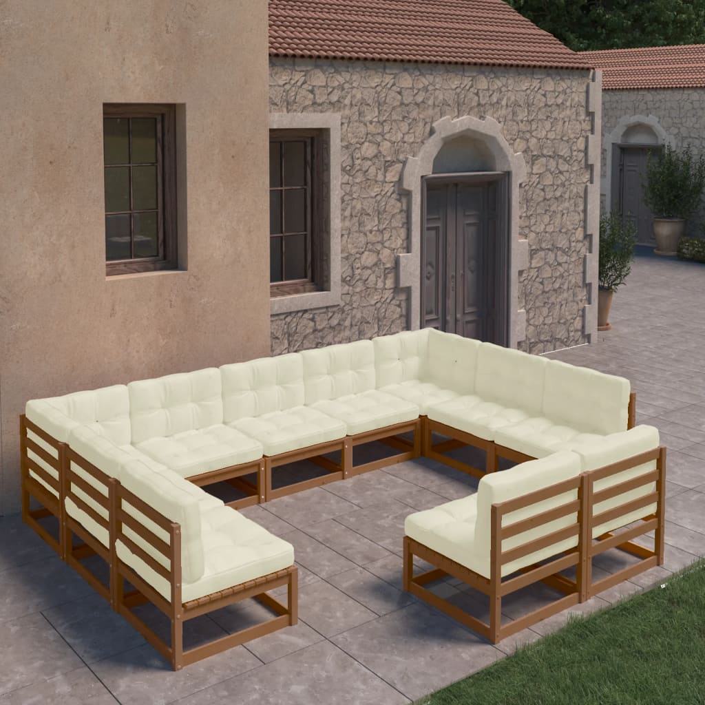 11 Piece Garden Lounge Set&amp;Cushions Honey Brown Solid Pinewood