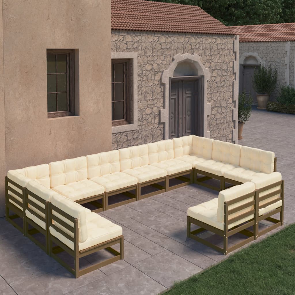 12 Piece Garden Lounge Set&amp;Cushions Honey Brown Solid Pinewood