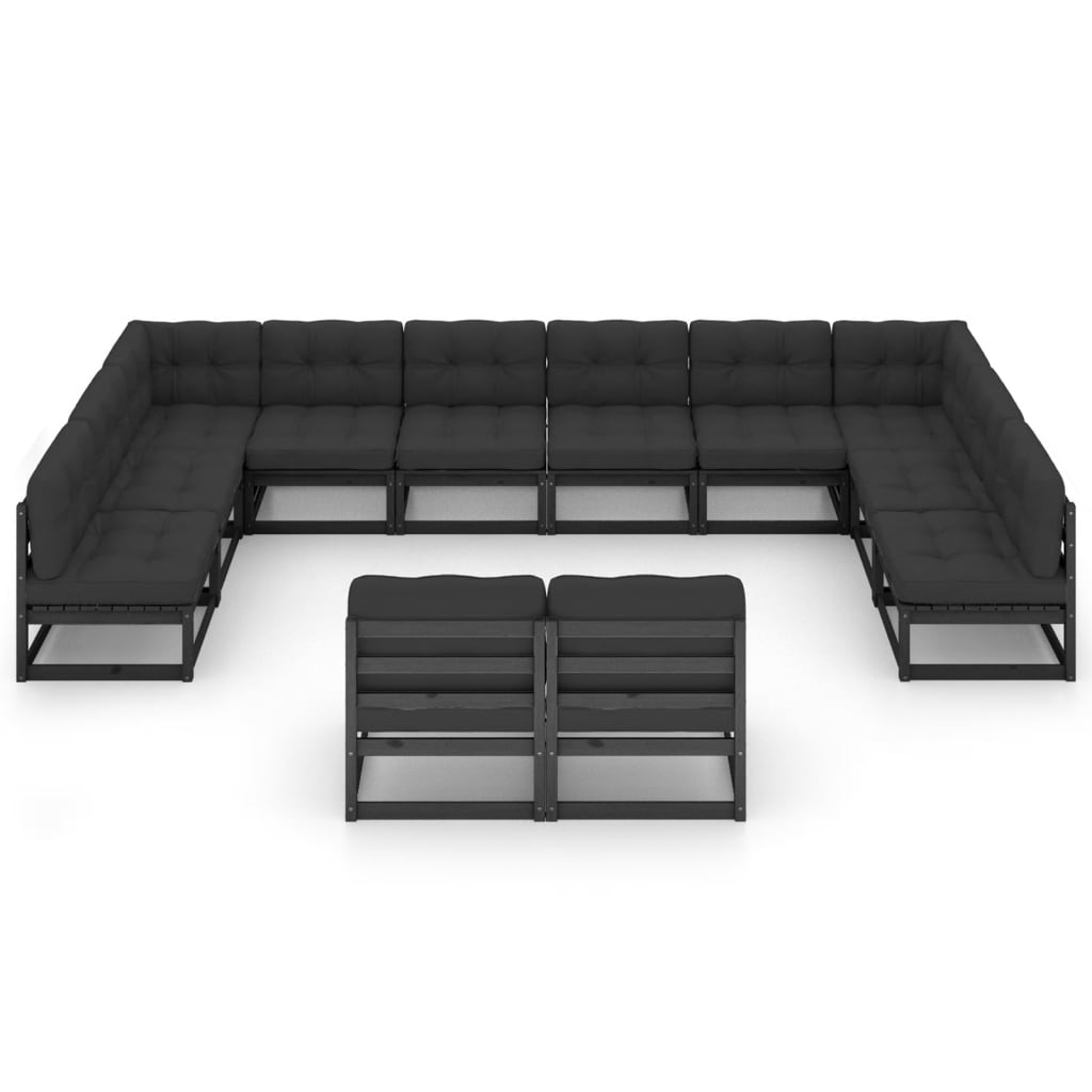 12 Piece Garden Lounge Set with Cushions Black Solid Pinewood