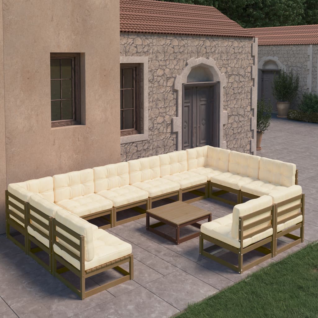 13 Piece Garden Lounge Set&amp;Cushions Honey Brown Solid Pinewood