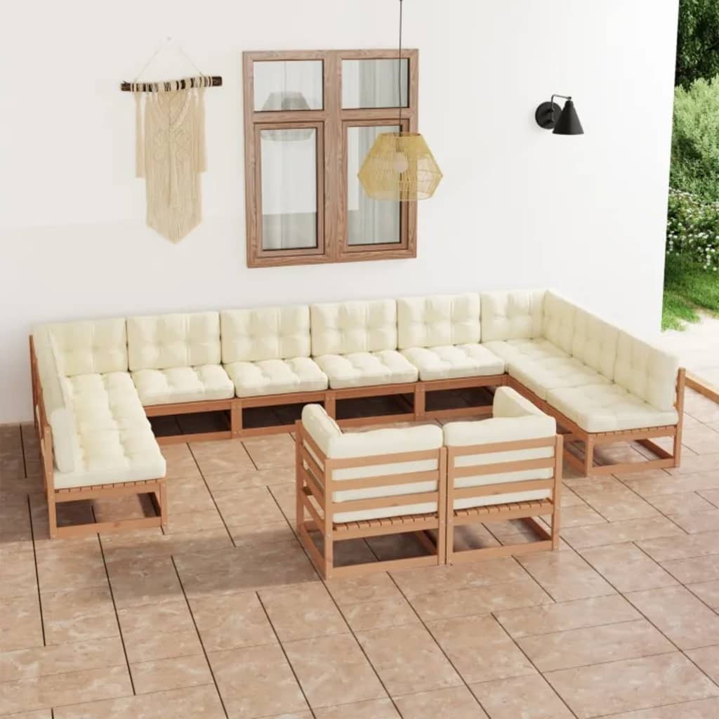 12 Piece Garden Lounge Set&amp;Cushions Honey Brown Solid Pinewood