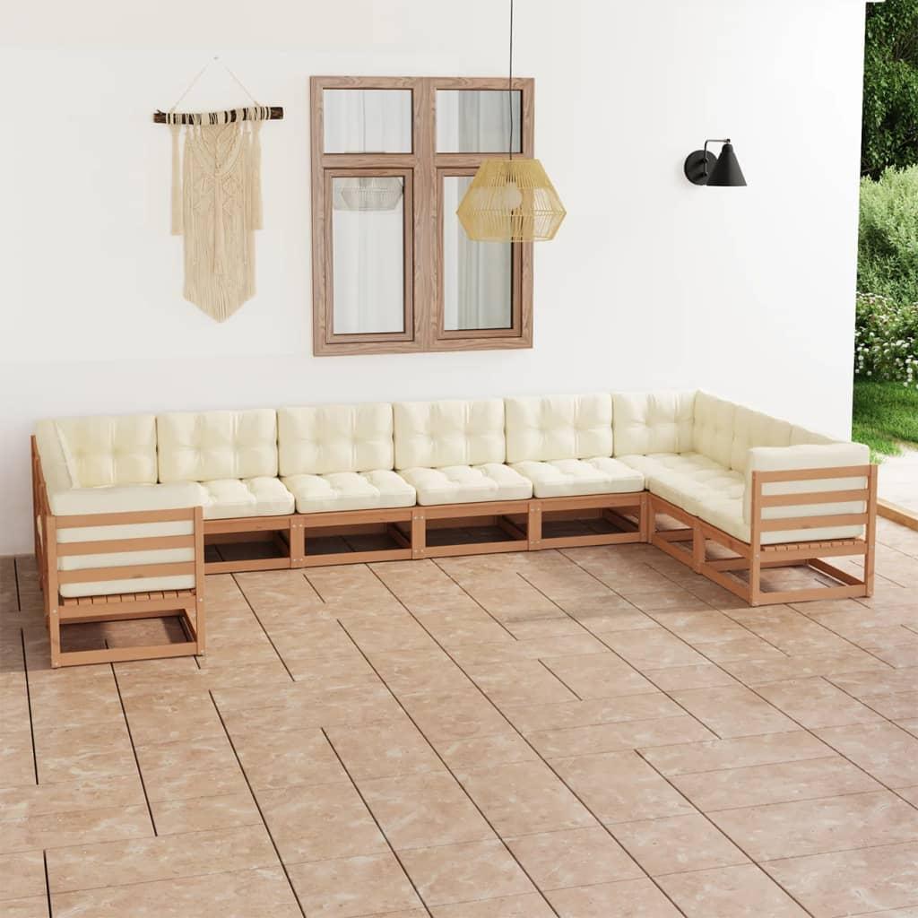10 Piece Garden Lounge Set&amp;Cushions Honey Brown Solid Pinewood