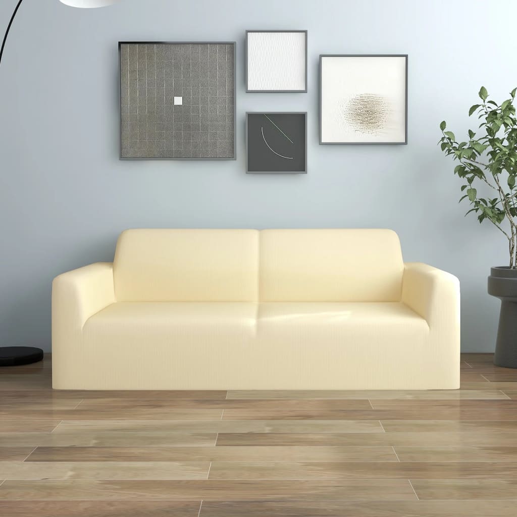 2-Seater Stretch Couch Slipcover Cream Polyester Jersey