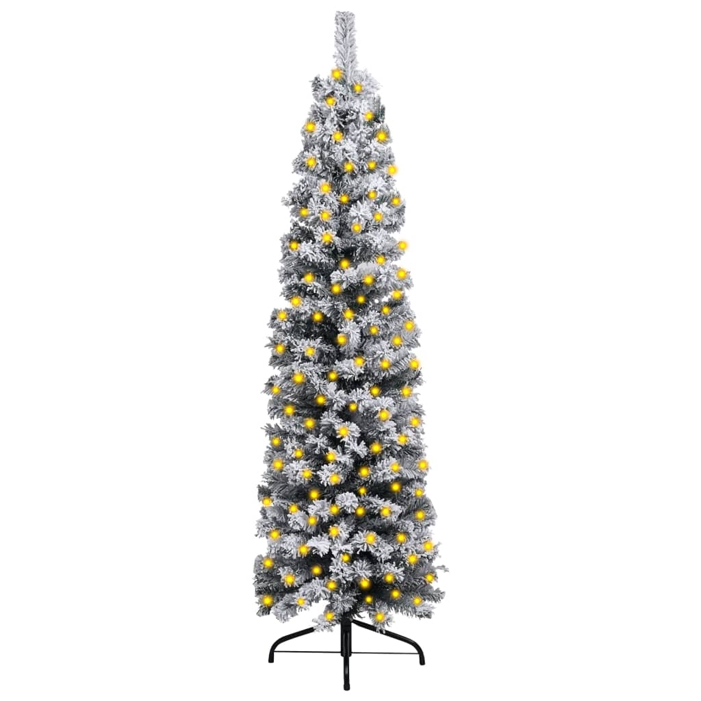 Slim Pre-lit Christmas Tree with Flocked Snow Green 120 cm PVC