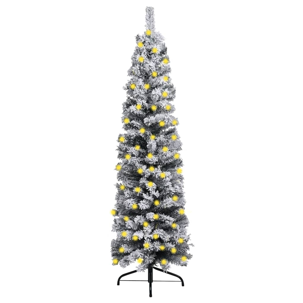 Slim Pre-lit Christmas Tree with Flocked Snow Green 150 cm PVC