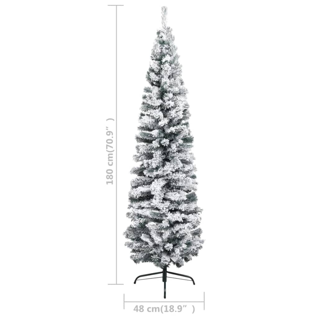 Slim Pre-lit Christmas Tree with Flocked Snow Green 180 cm PVC