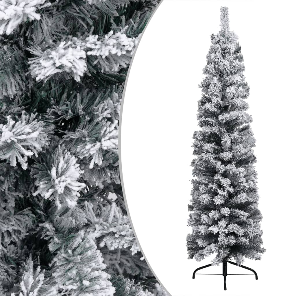Slim Pre-lit Christmas Tree with Flocked Snow Green 210 cm PVC