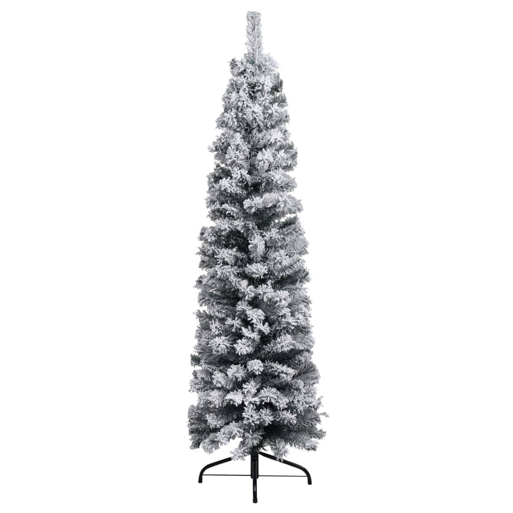 Slim Pre-lit Christmas Tree with Flocked Snow Green 210 cm PVC