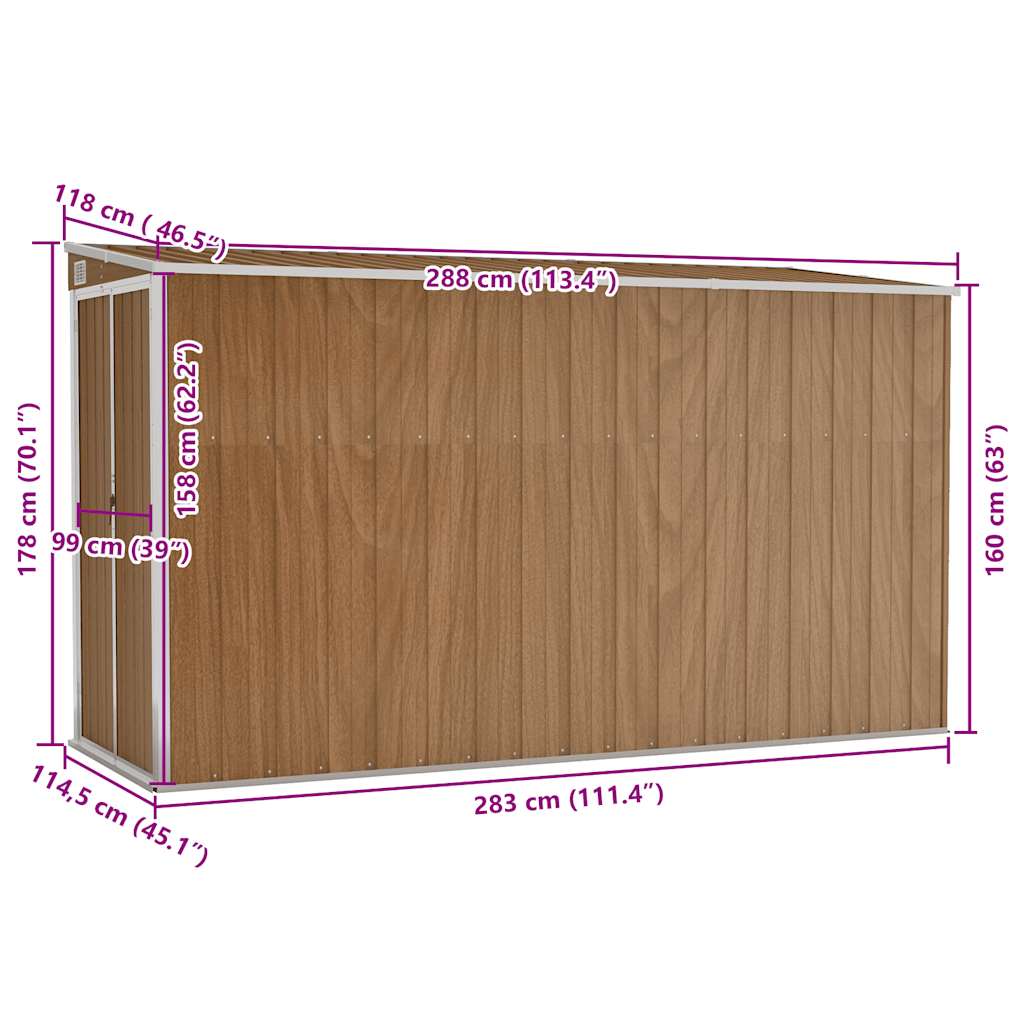 Wall-mounted Garden Shed Brown 118x288x178 cm Galvanised Steel