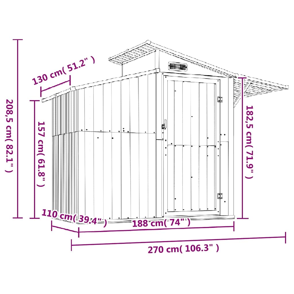 Garden Shed Grey 270x130x208.5 cm Galvanised Steel