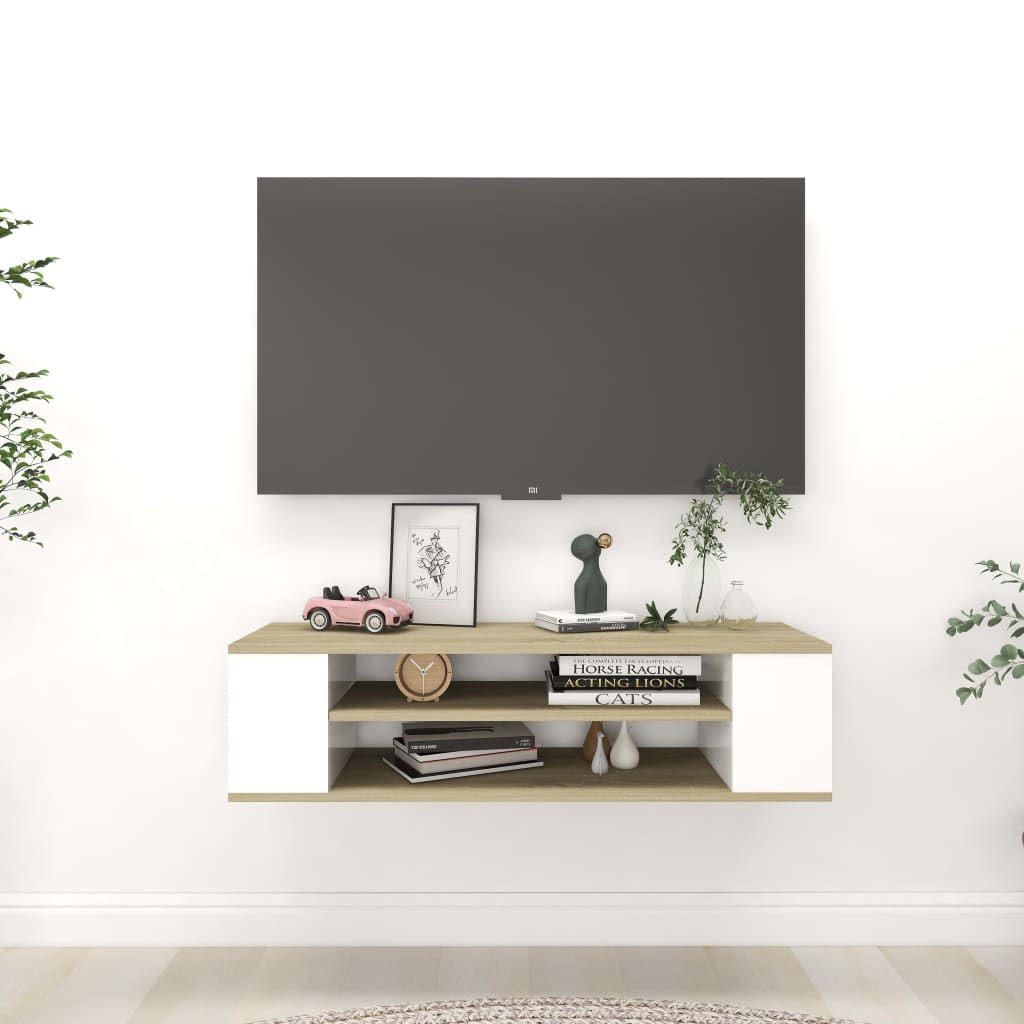 Hanging TV Cabinet White and Sonoma Oak 100x30x26.5 cm Engineered Wood