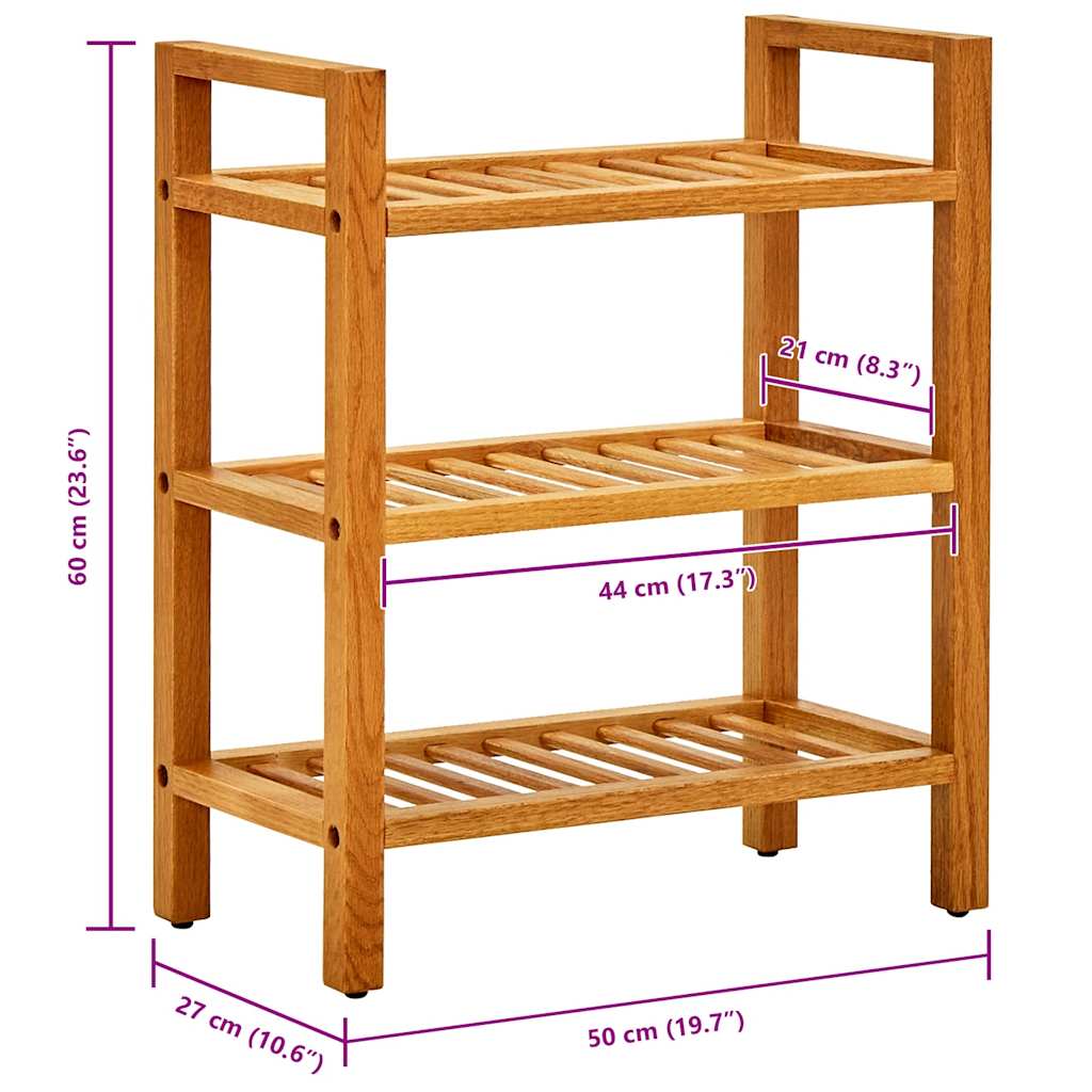Shoe Rack with 3 Shelves 50x27x60 cm Solid Oak Wood