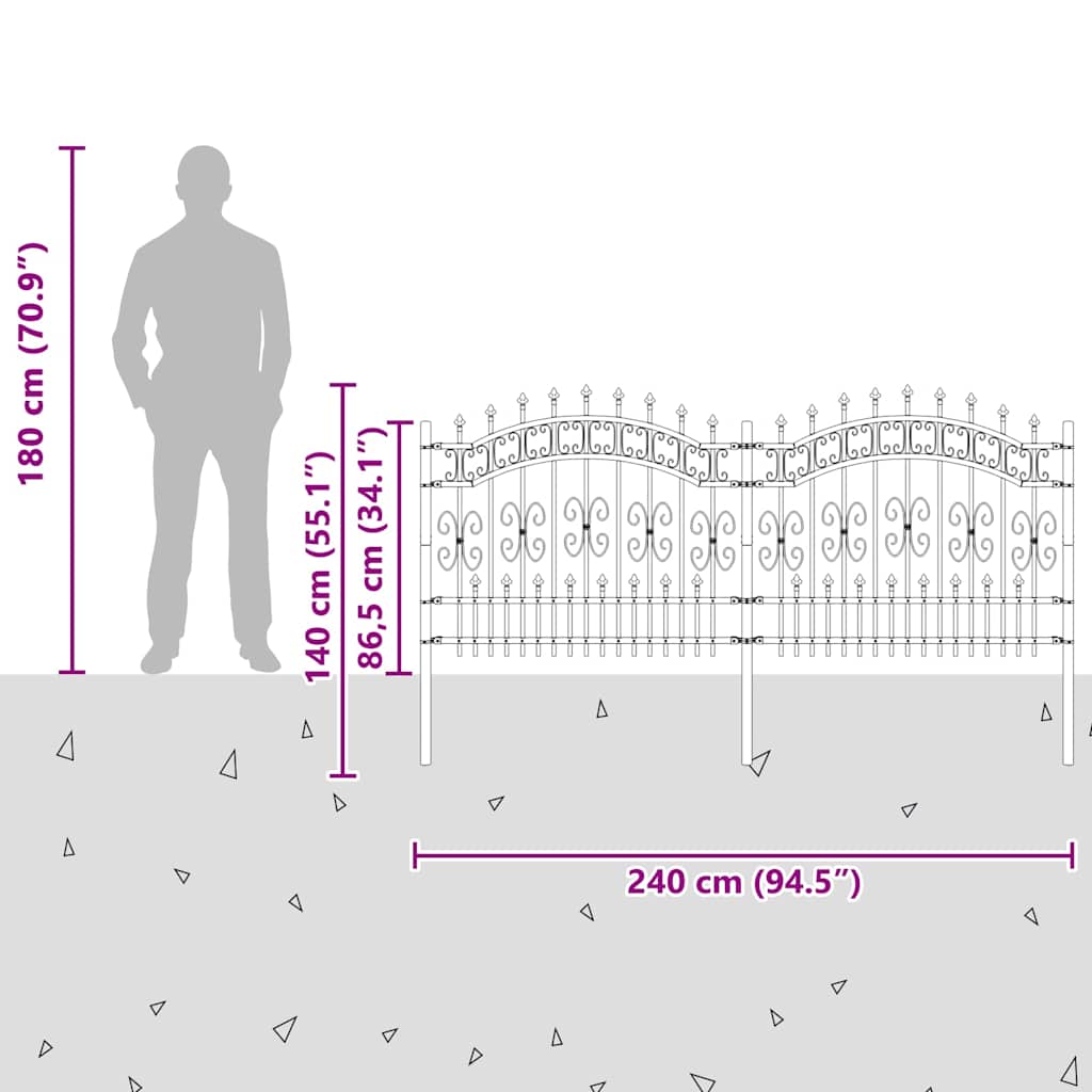 Garden Fence KAMPEN with Spear Top Black 240x100 cm Steel