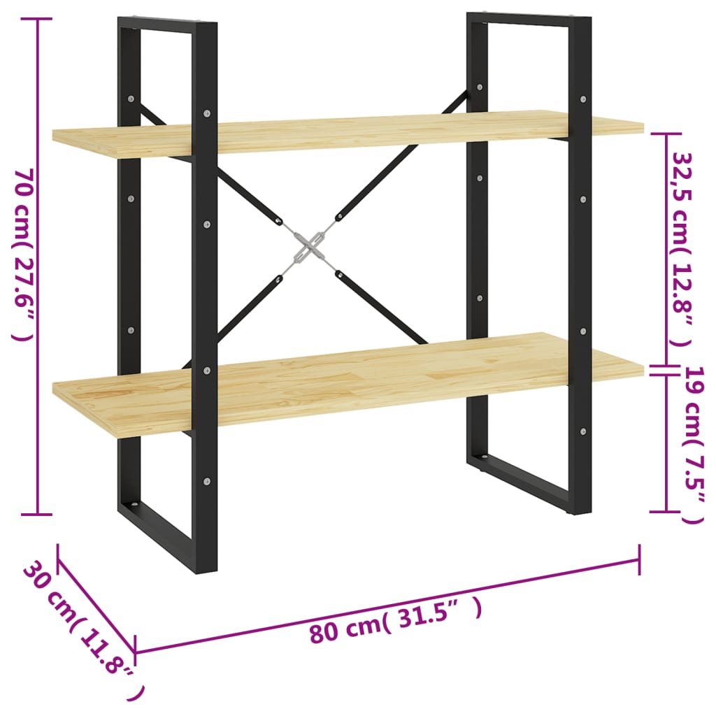 2-Tier Book Cabinet 80x30x70 cm Solid Pine Wood