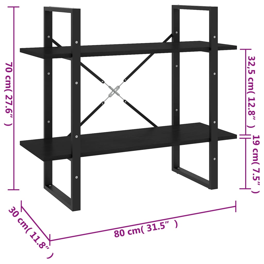 2-Tier Book Cabinet Black 80x30x70 cm Solid Pine Wood