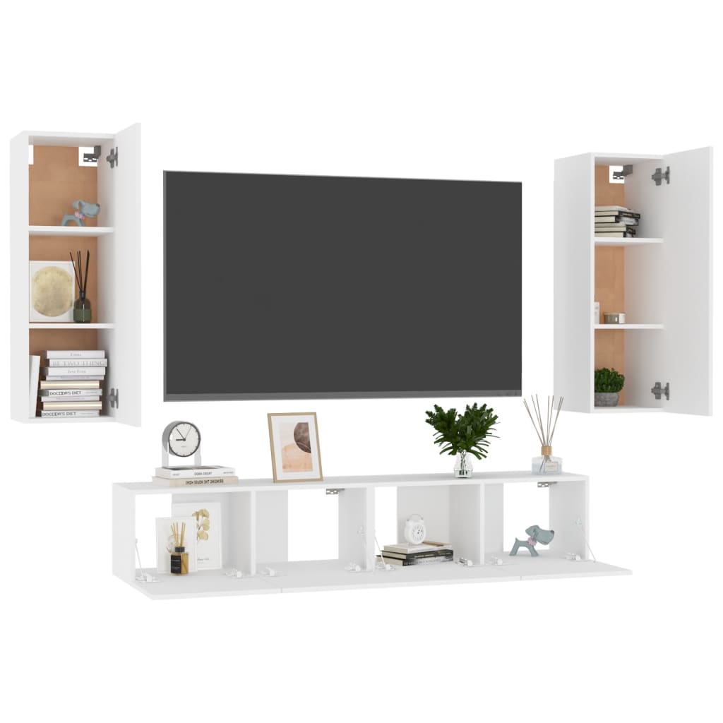 4 Piece TV Cabinet Set White Engineered Wood