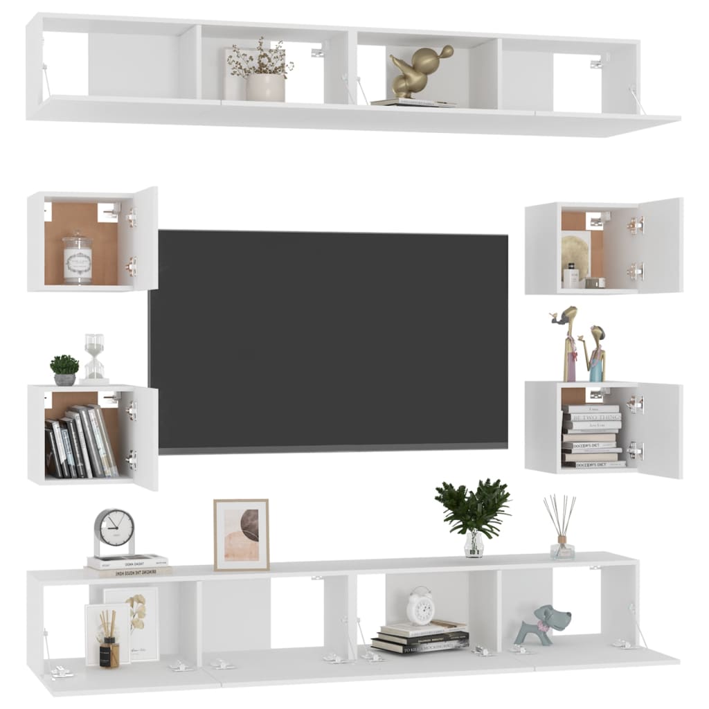 8 Piece TV Cabinet Set White Engineered Wood