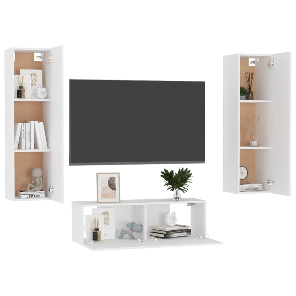 3 Piece TV Cabinet Set White Engineered Wood