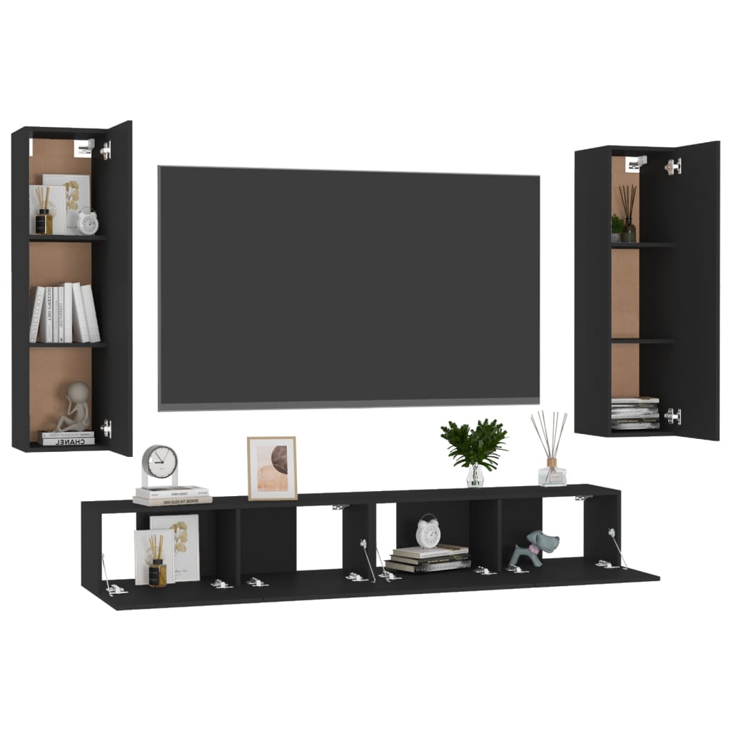 4 Piece TV Cabinet Set Black Engineered Wood