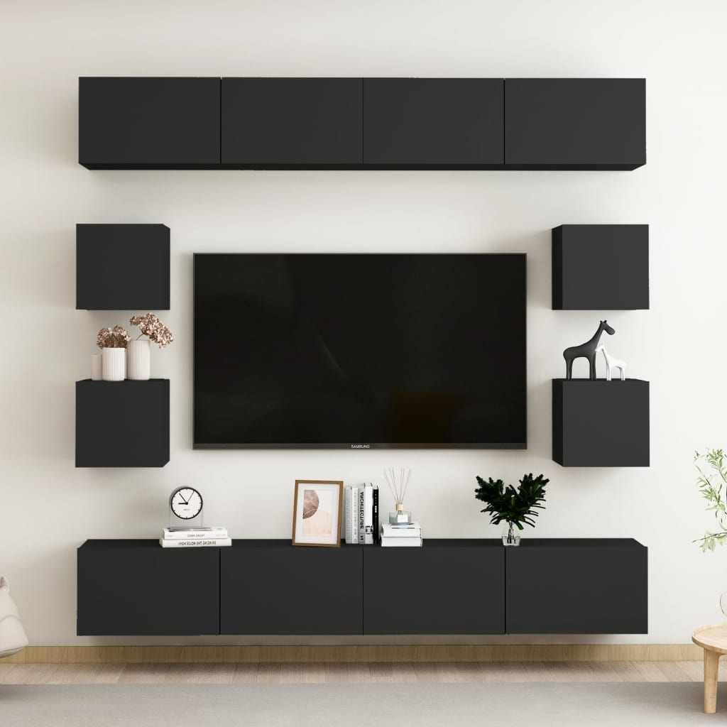 8 Piece TV Cabinet Set Black Engineered Wood