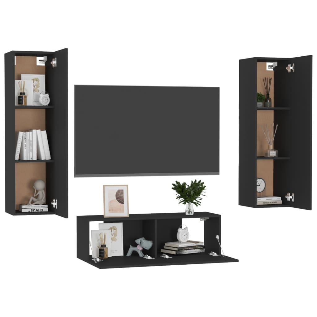 3 Piece TV Cabinet Set Black Engineered Wood