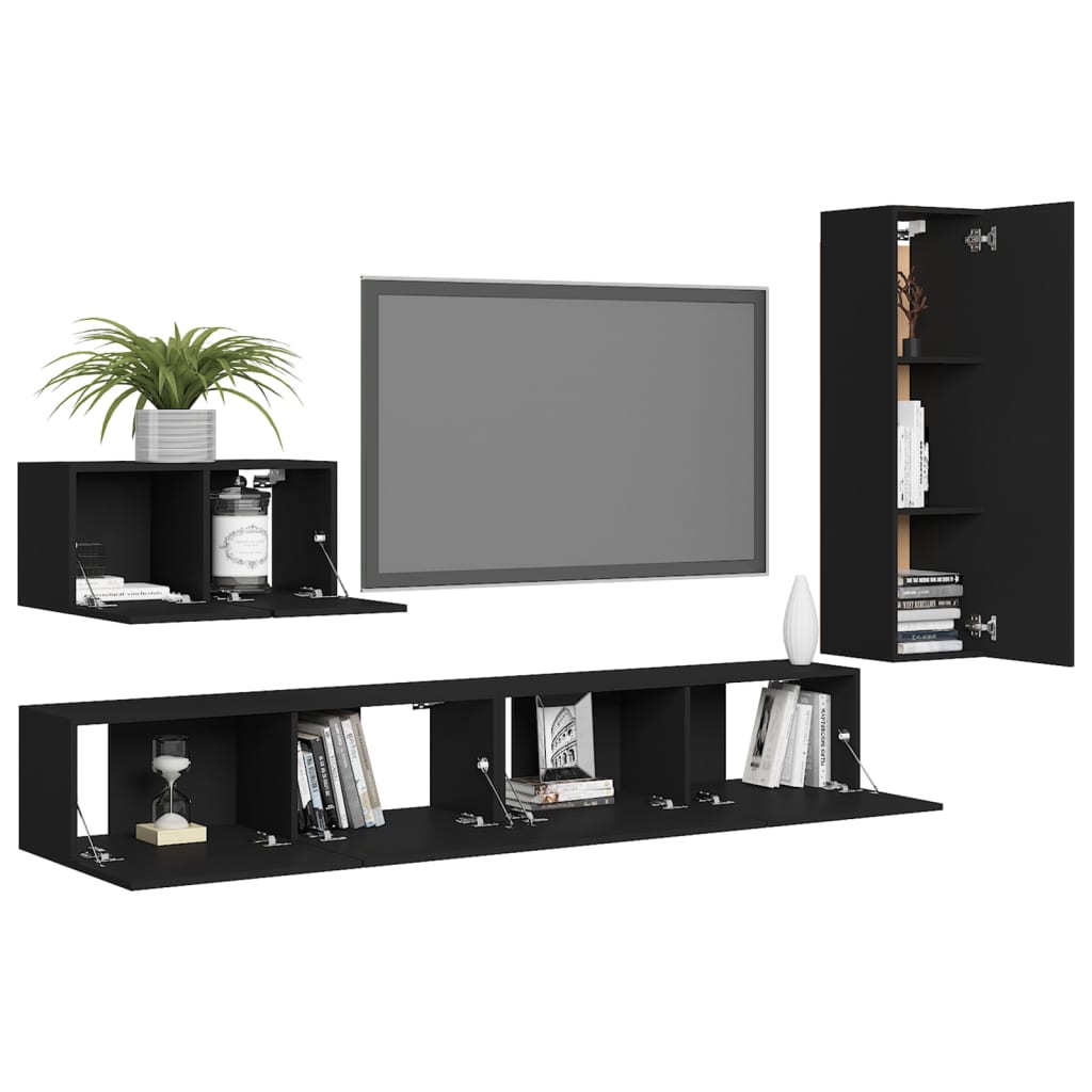 4 Piece TV Cabinet Set Black Engineered Wood