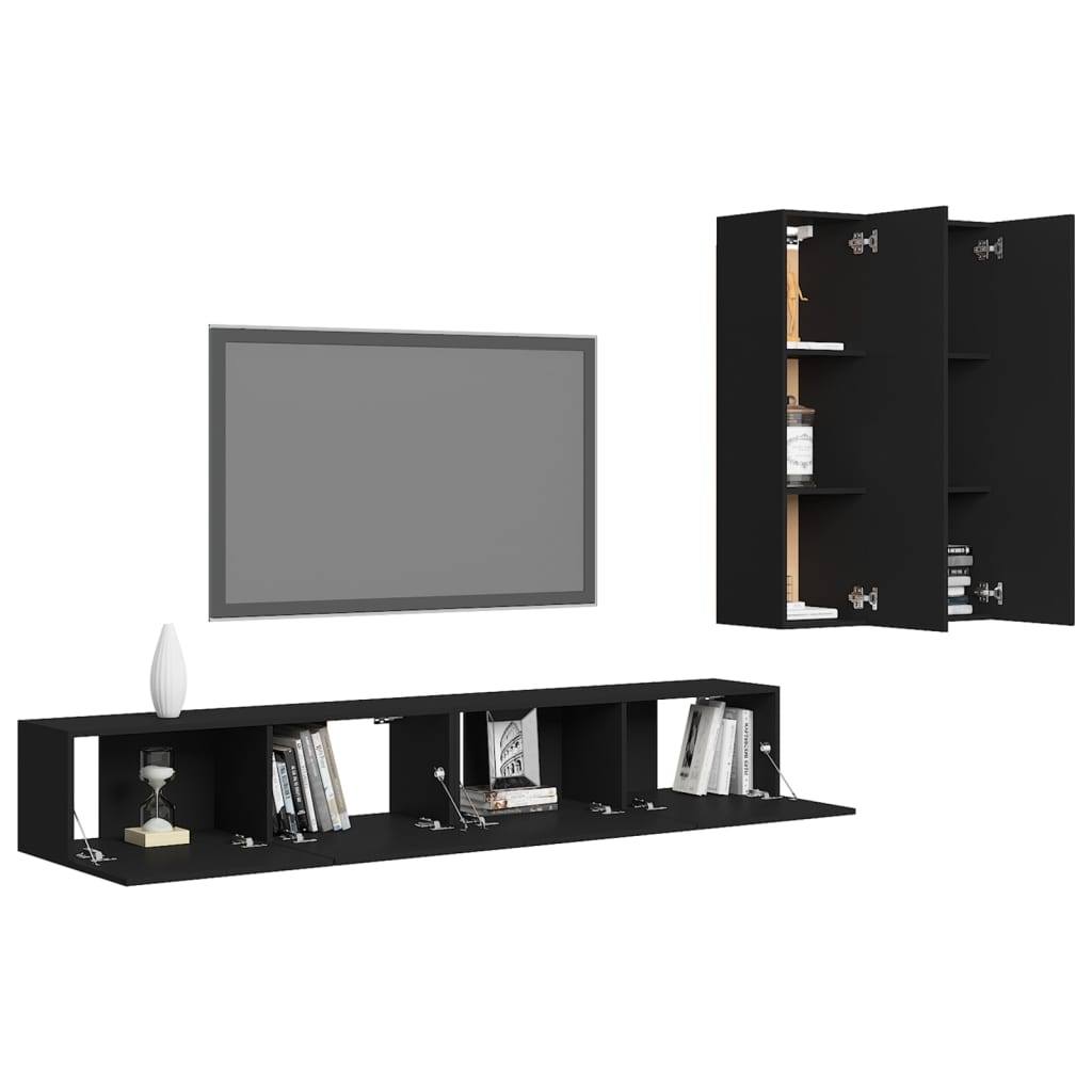 4 Piece TV Cabinet Set Black Engineered Wood