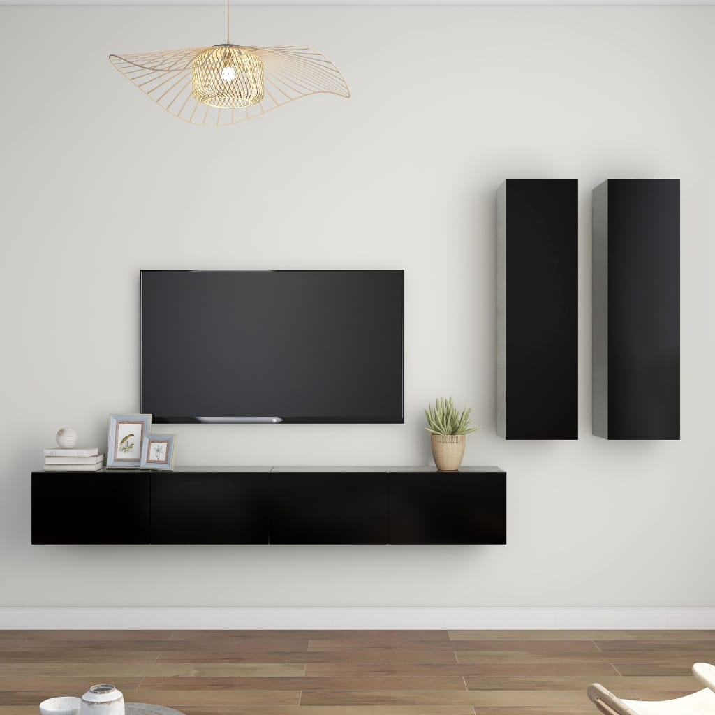 4 Piece TV Cabinet Set Black Engineered Wood