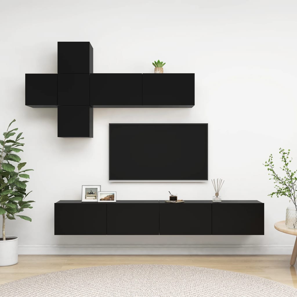 7 Piece TV Cabinet Set Black Engineered Wood