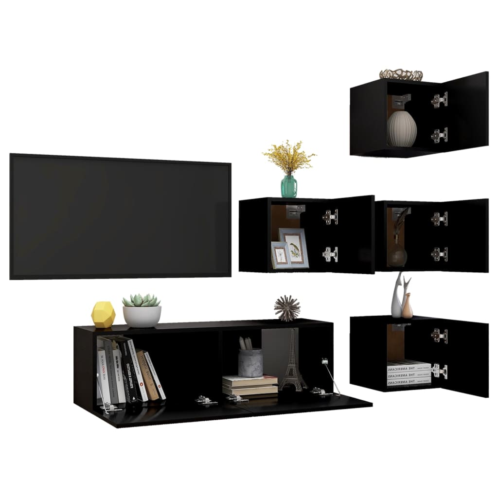 5 Piece TV Cabinet Set Black Engineered Wood