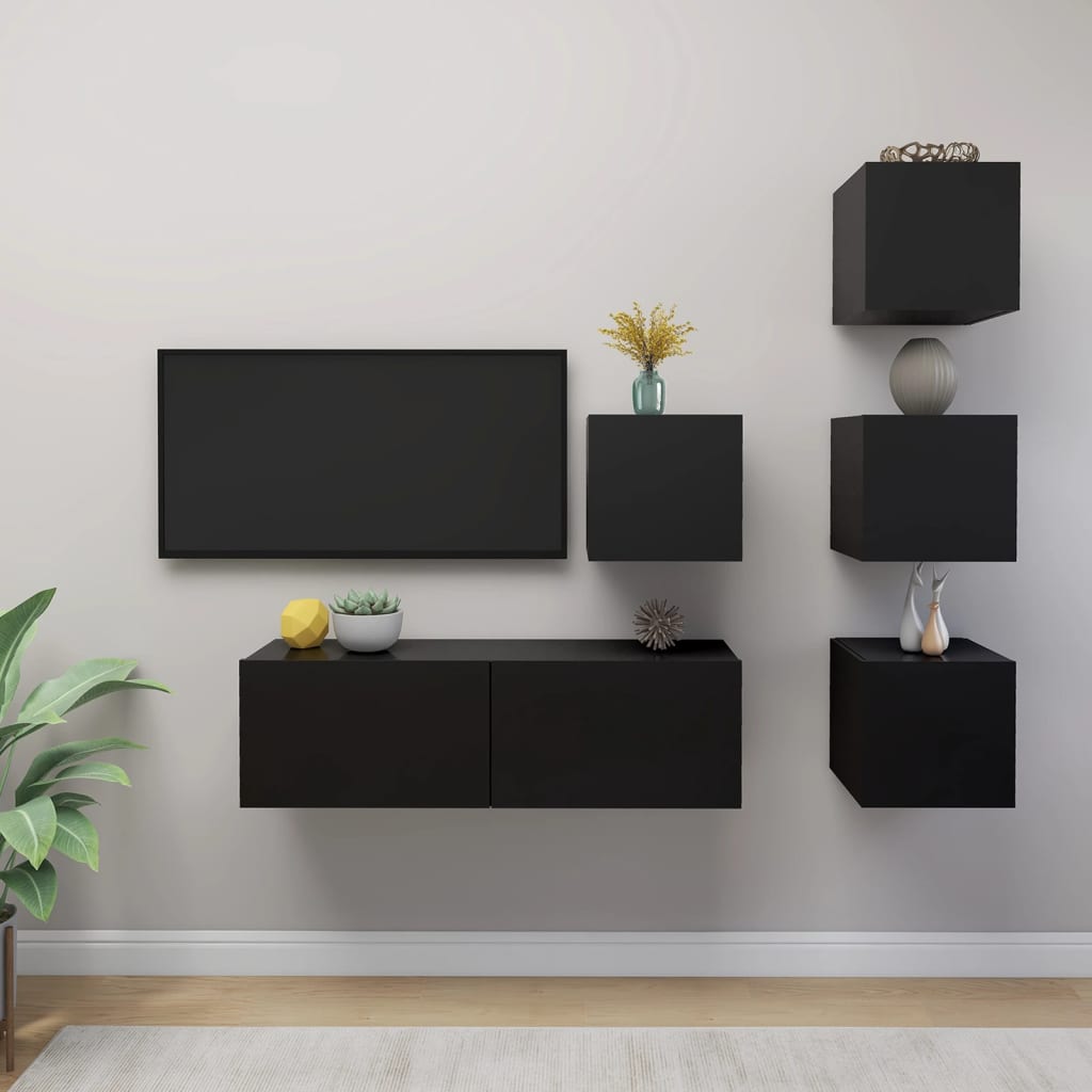 5 Piece TV Cabinet Set Black Engineered Wood