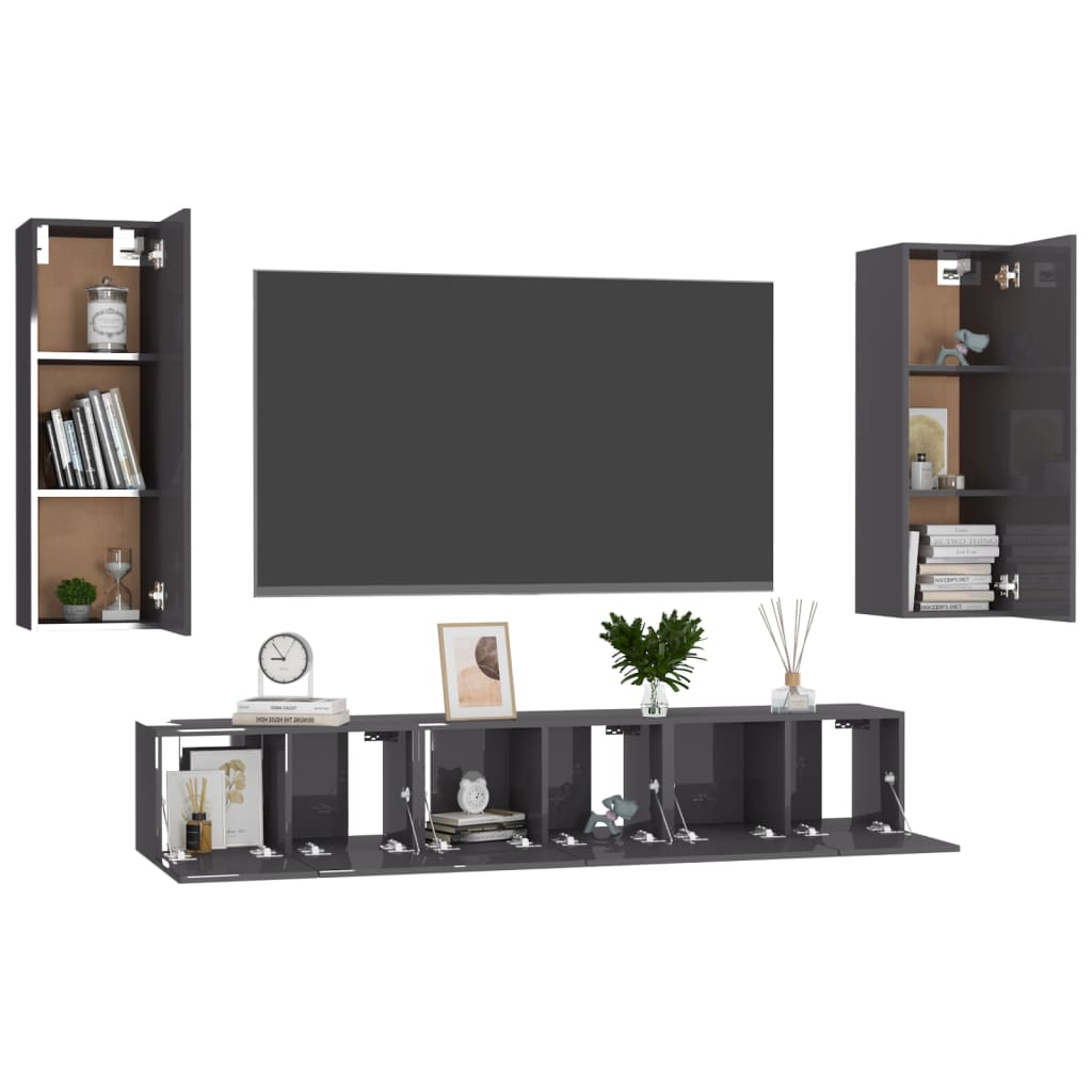 5 Piece TV Cabinet Set High Gloss Grey Engineered Wood